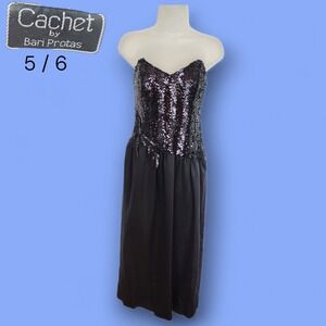 Vintage Cachet by Bari Protas Black Sequined Strapless Maxi Evening Dress 5/6